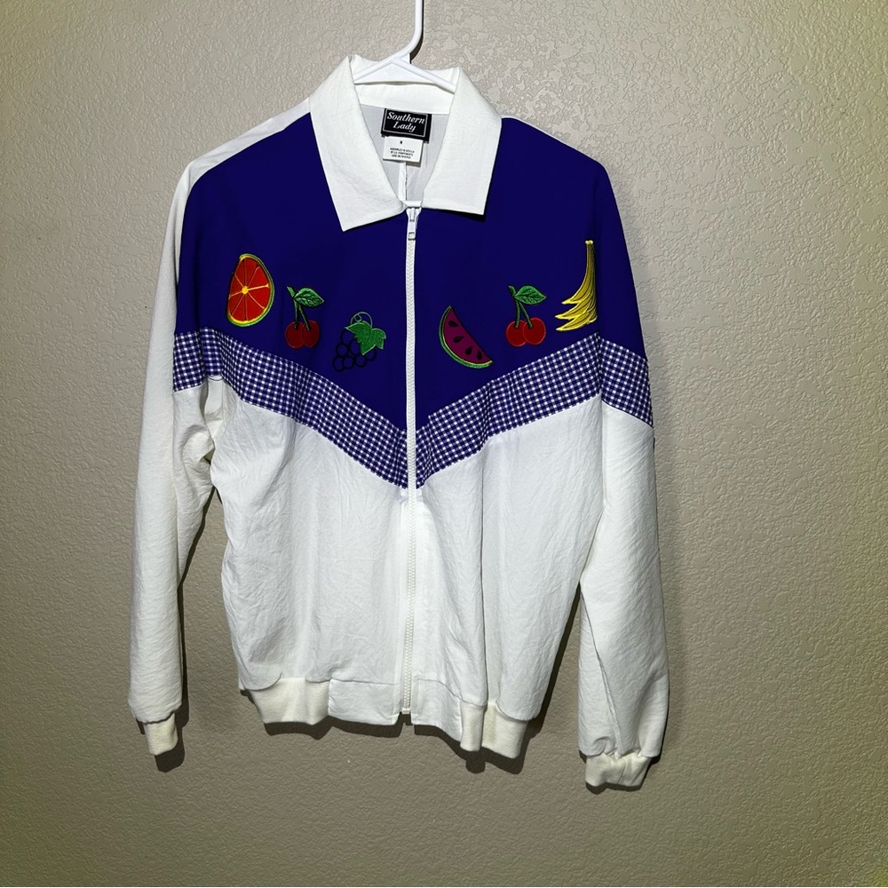 Vintage 80s Southern Lady Jacket Fruit Appliqué White/Purple Zip Up‎ Windbreaker